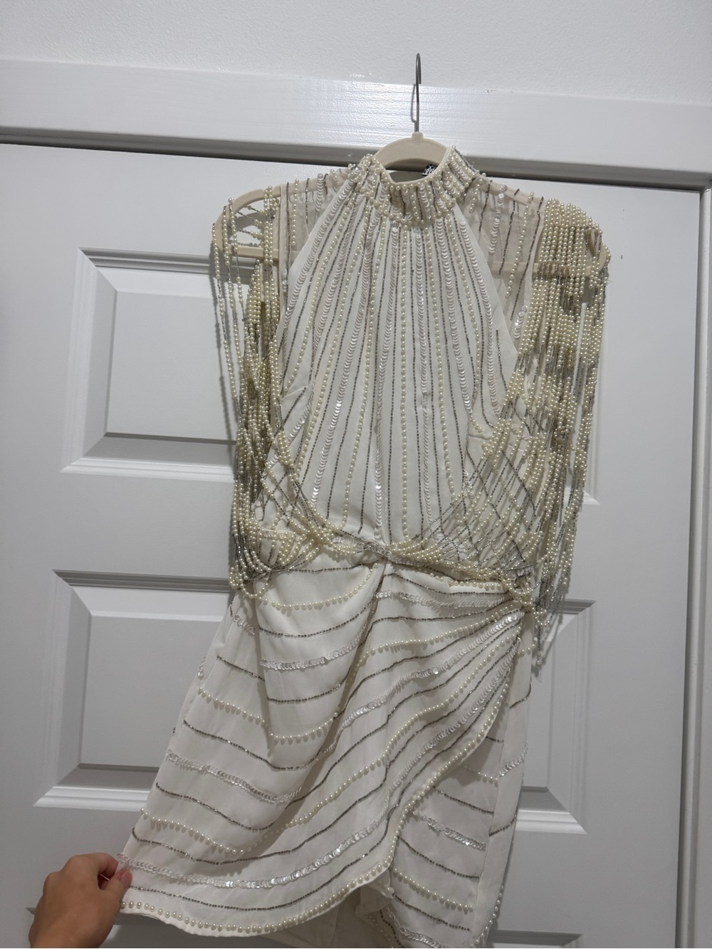 ASOS Ivory Beaded Backless Halter Dress
